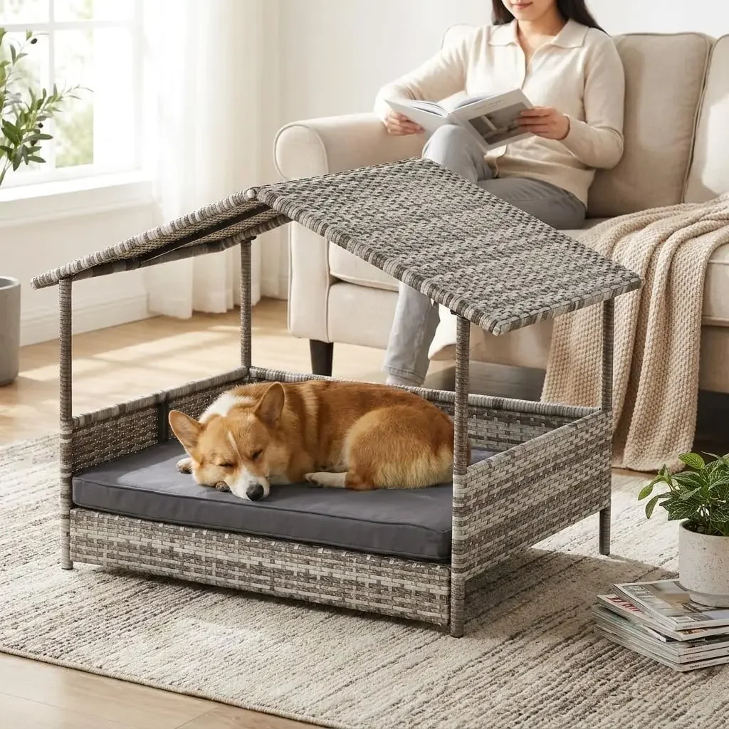 Wicker Elevated Dog Bed with Canopy Pet House Dog Bed for Indoor and Outdoor Use, Rattan Pet Furniture with Removable Cushion