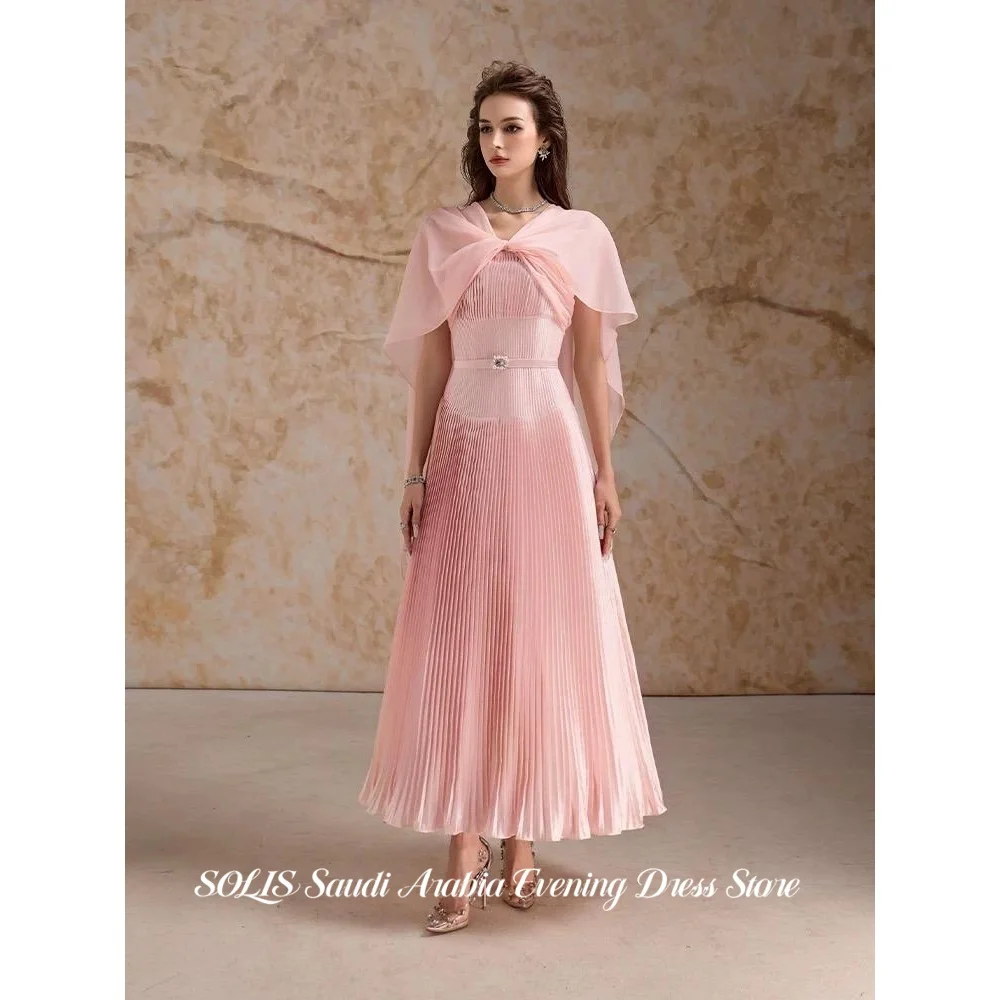 

SOLIS Elegant Pink Prom Dress Capelet Chiffon Evening Dress with All-Over Pleats A-Line Midi Formal Party Gown Colors Customized