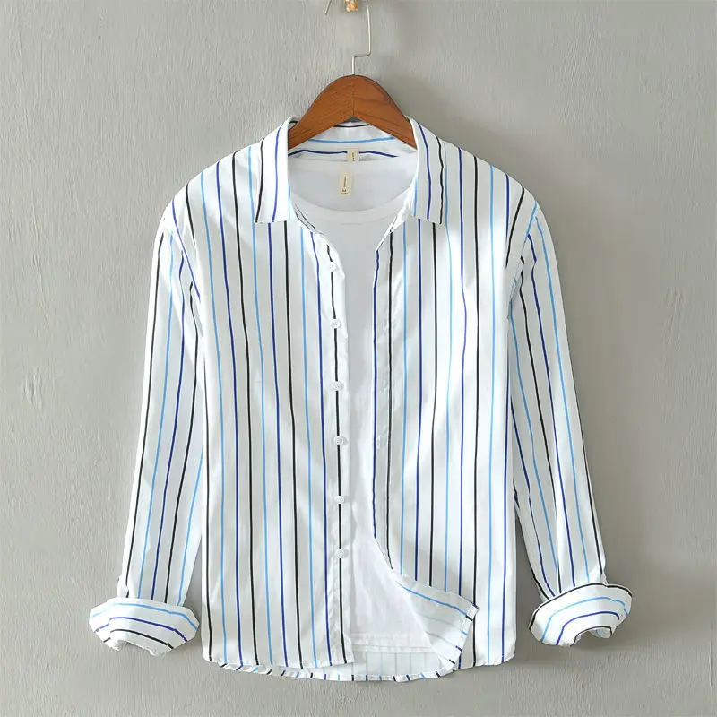 2023 Spring and Autumn Men's Lapel Loose Stripe Simple and Handsome Button Casual Fashion Elegant Commuting Long sleeved Shirt