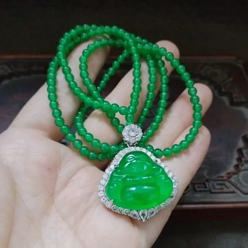 Green Jade Laughing Buddha Pendant Necklace, Silver Plated CZ Wrapped Buddha Charm with Green Bead Chain