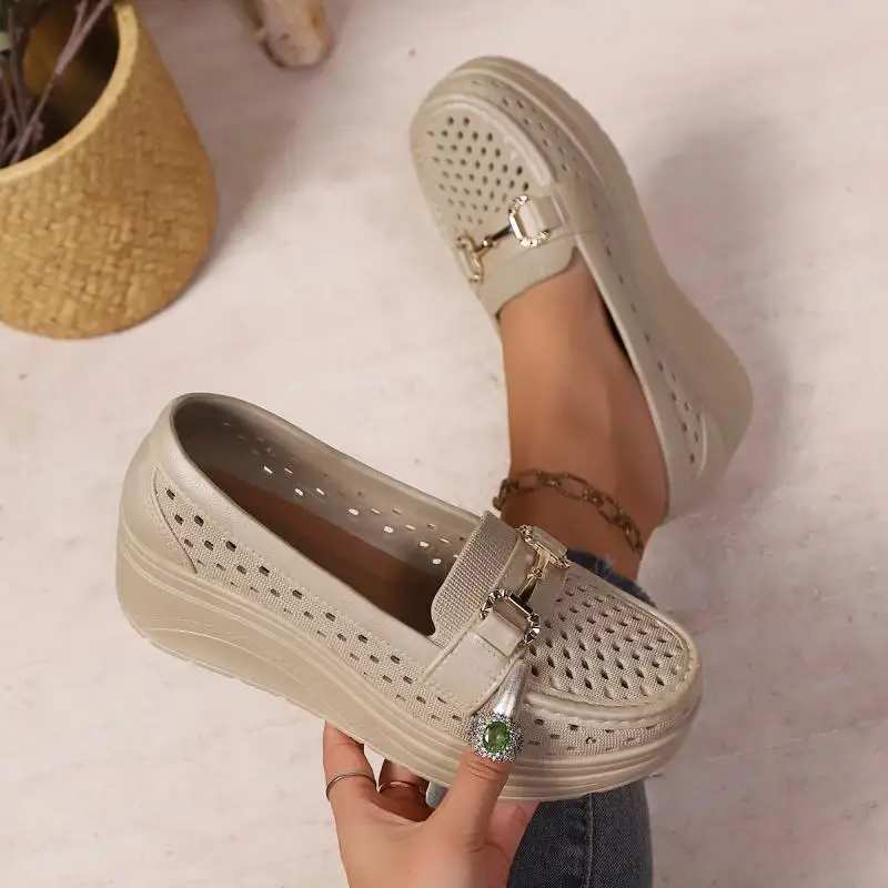 Soft Thick Bottom Height Increase White Loafers Women 2026 Summer Hollow Out Wedge Heel Pumps Women's Comfortable Nursing Shoes