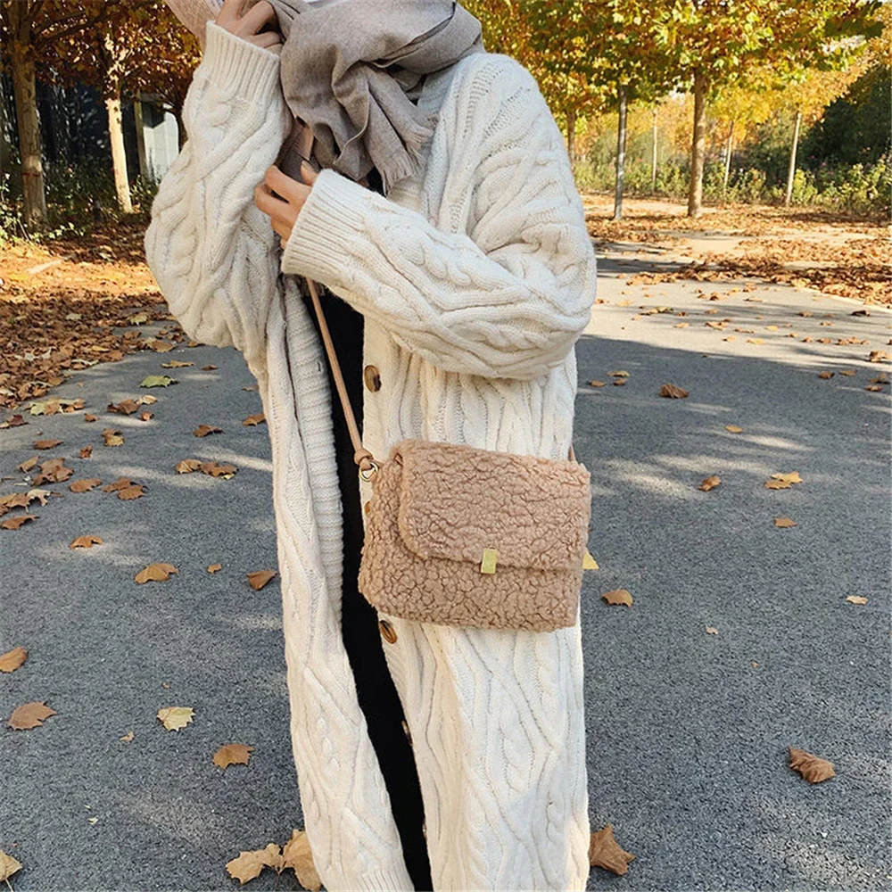 Women Lamb Wool Shoulder Bag Square Winter Autumn Soft Comfortable Cross-body Package Casual Portable Black Khaki White