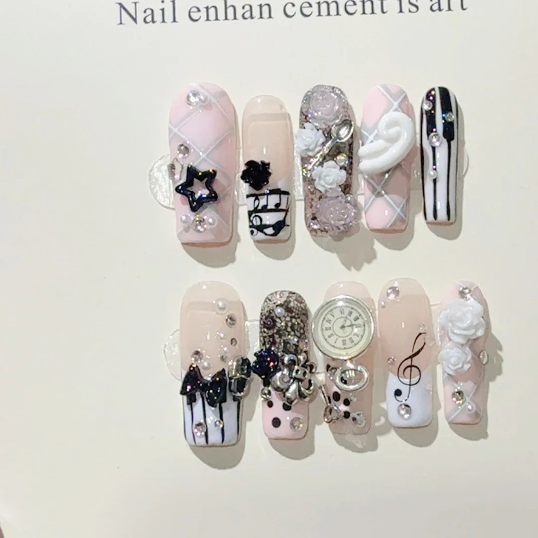 10pcs Handmade Pink Coffin Press on Nails European Piano Notes Flower Fake Nails Wearable Vintage Y2k Spice Girls False Nails