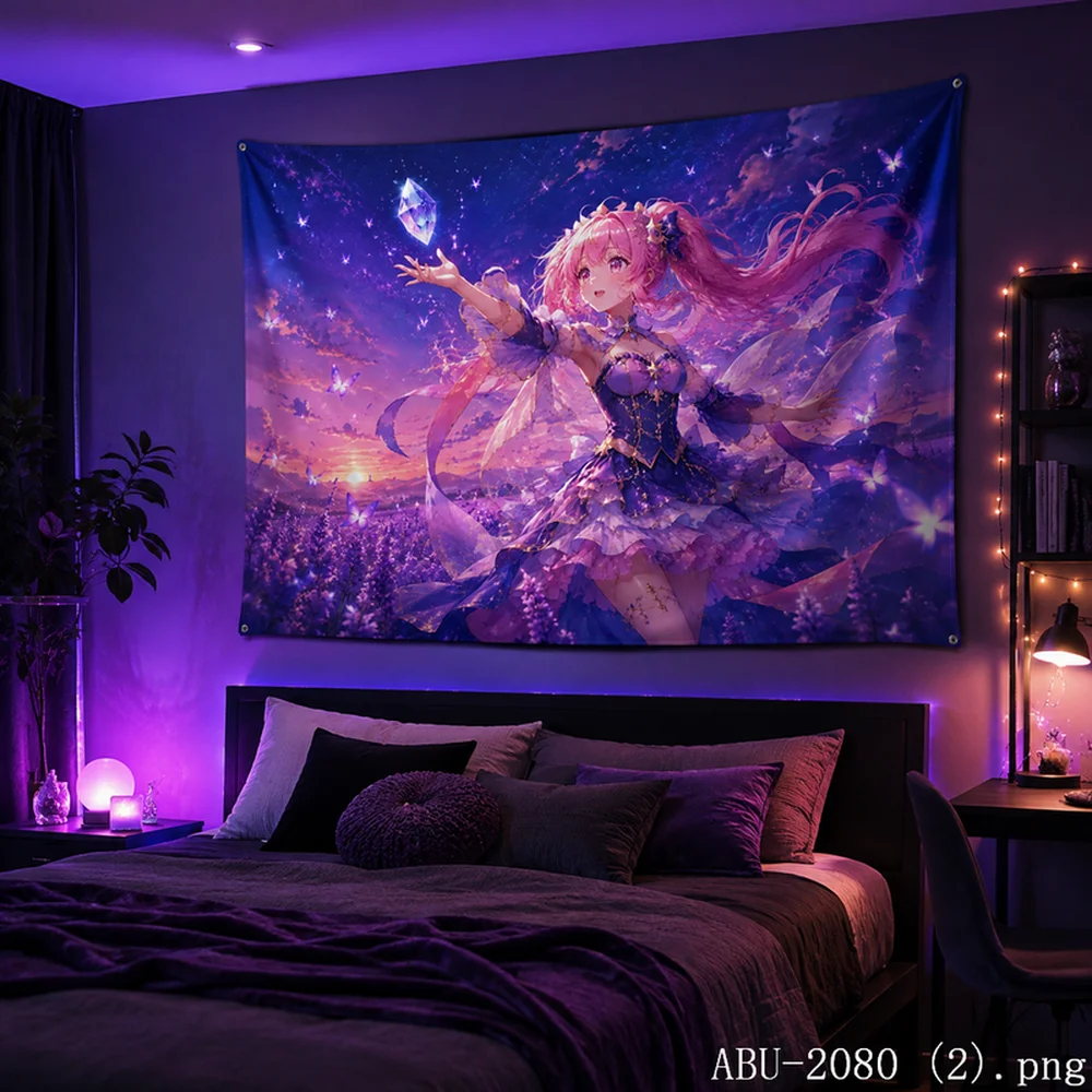 VIKAMA Moonlight Witch Tapestry – Anime Girl with Star Wand, Crescent Moon and Galaxy, Fantasy Night Sky Room Decor