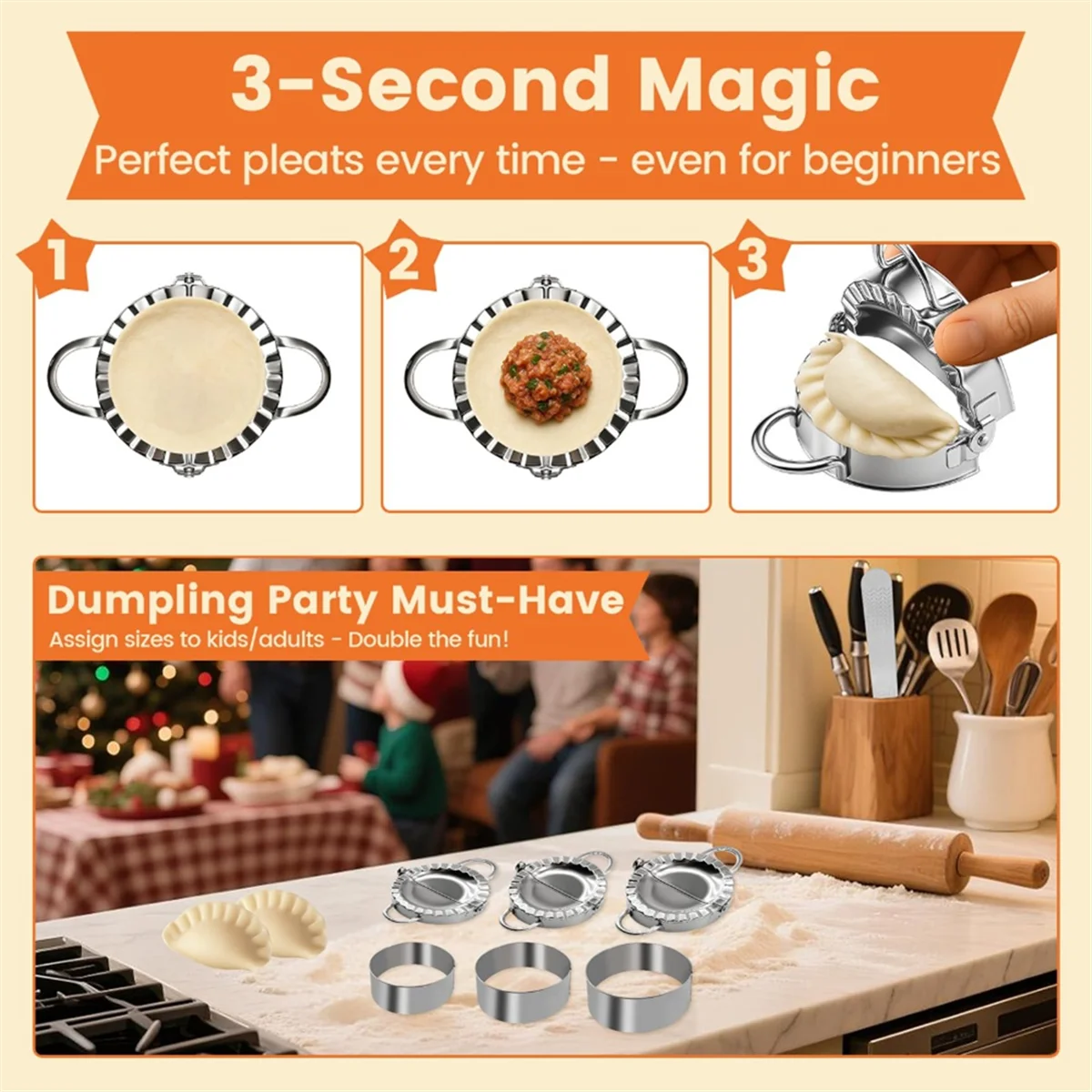 2025+ 3-In1 Stainless Steel Dumpling Maker Set - DumplingPress & Empanada Mold with Dough Cutters (3