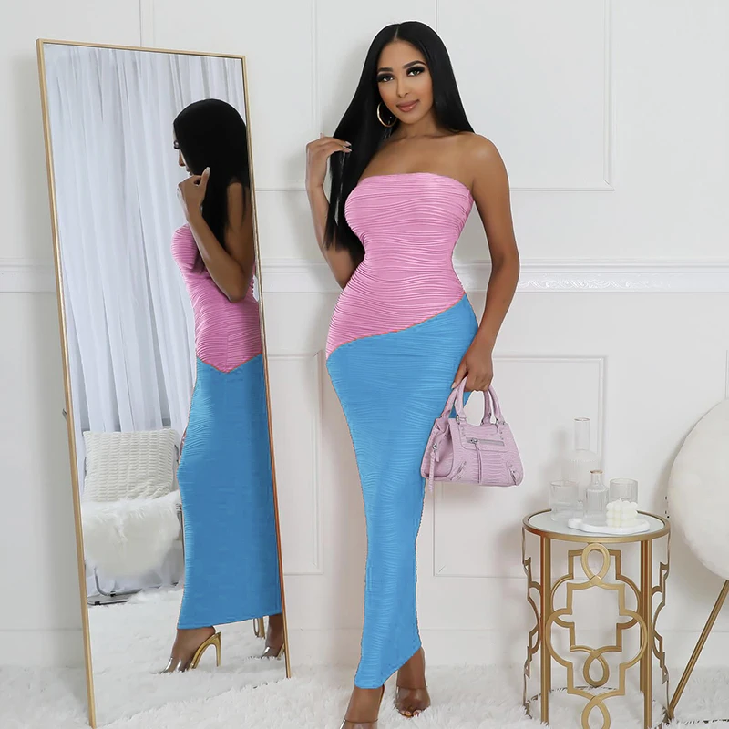 CUTENOVA 2024 Women\'S New Sexy Fashion Purple And Red Patchwork Dress Strapless Backless Sexy Skinny Long Dresses Streetwear Aut
