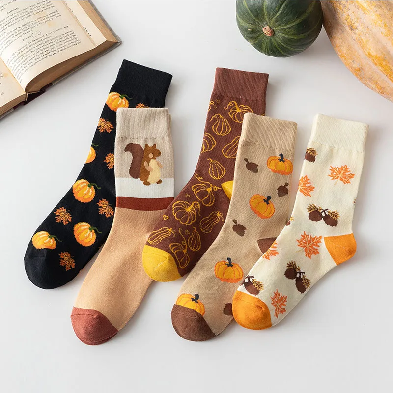 Halloween European and American Socks Women's Long Socks Pumpkin Squirrel Cartoon Mid Tube Cotton Socks