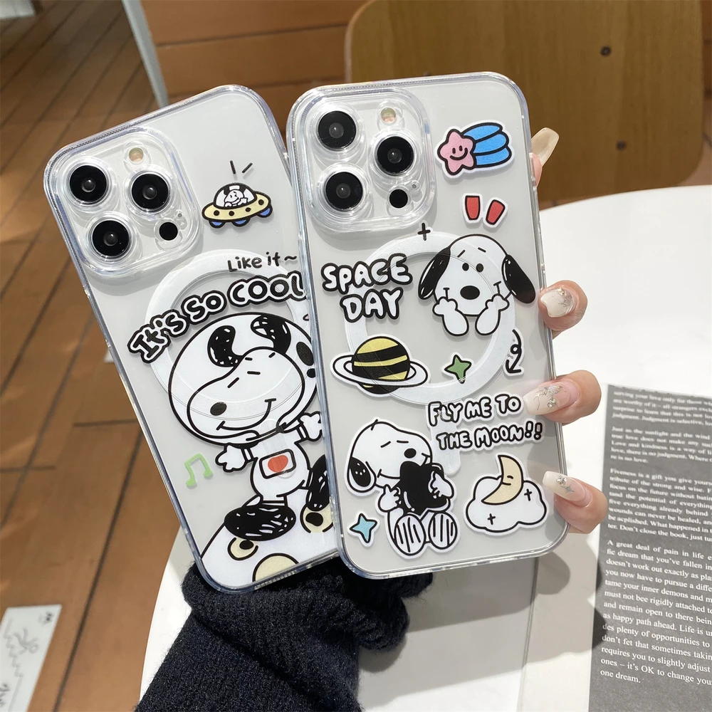 Cute Astronaut Snoopy Magnetic Holder Magsafe Wireless Charge Transparent Phone Case For  iPhone 17 16 15 14 13 Pro Max Cover view 2