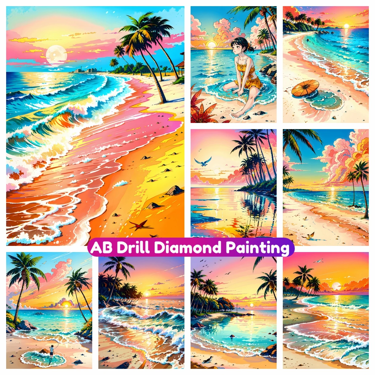 

Healing Colourful Beach Scenery AB Diamond Painting New Cross Stitch Kit Rhinestone Mosaic Embroidery 5D Handicraft Home Decor