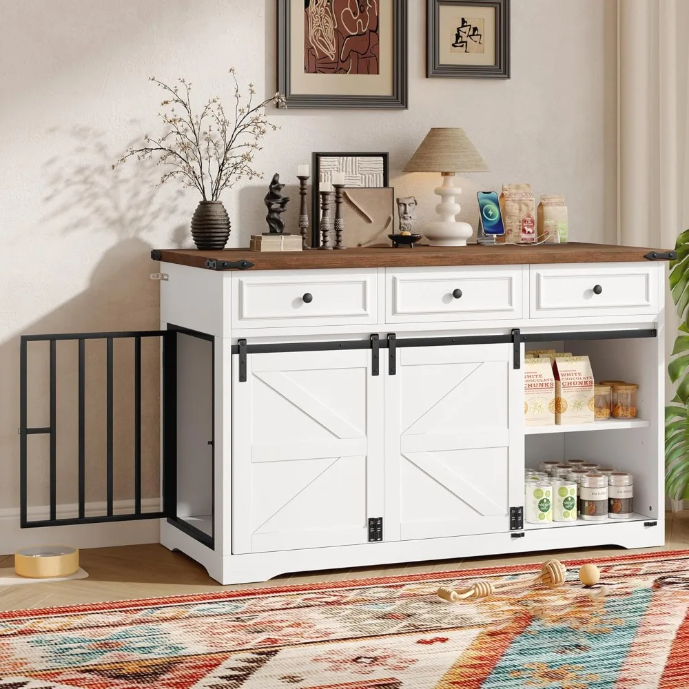 with 3 Storage Drawers, Farmhouse Dog Crate with Side Door and Slid 55.1