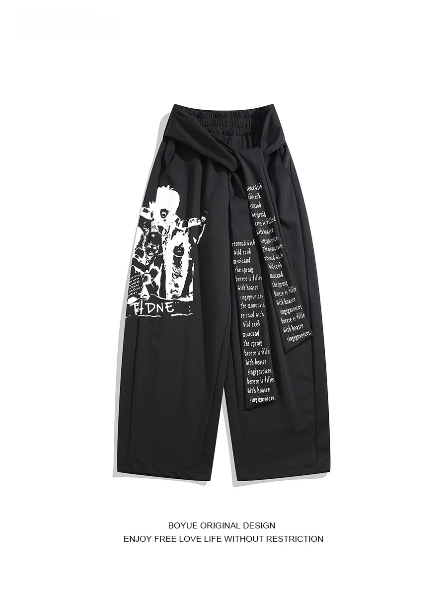 

Boyue American Sle Printed Belt Casual Pants Hip Hop Street Dance Wide Leg Pants for Men And Women Casual Loose Fit Polyest...