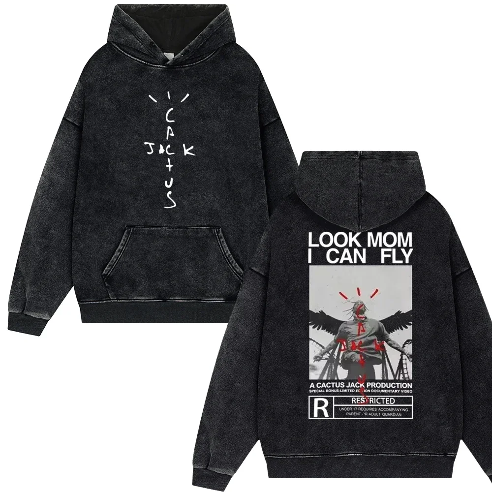 2024 Streetwear Travis Look Mom I Can Fly Vintage Washed Hoodies Men Scott Unisex Harajuku Hip Hop Pullover Male Oversized Tops