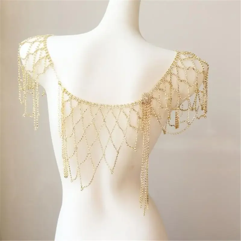 

652F Hollowed Mesh Shoulder Chain Shoulder Wrap Body Jewelry With Rhinestones Design For Festival Clubwear Evening Dresses