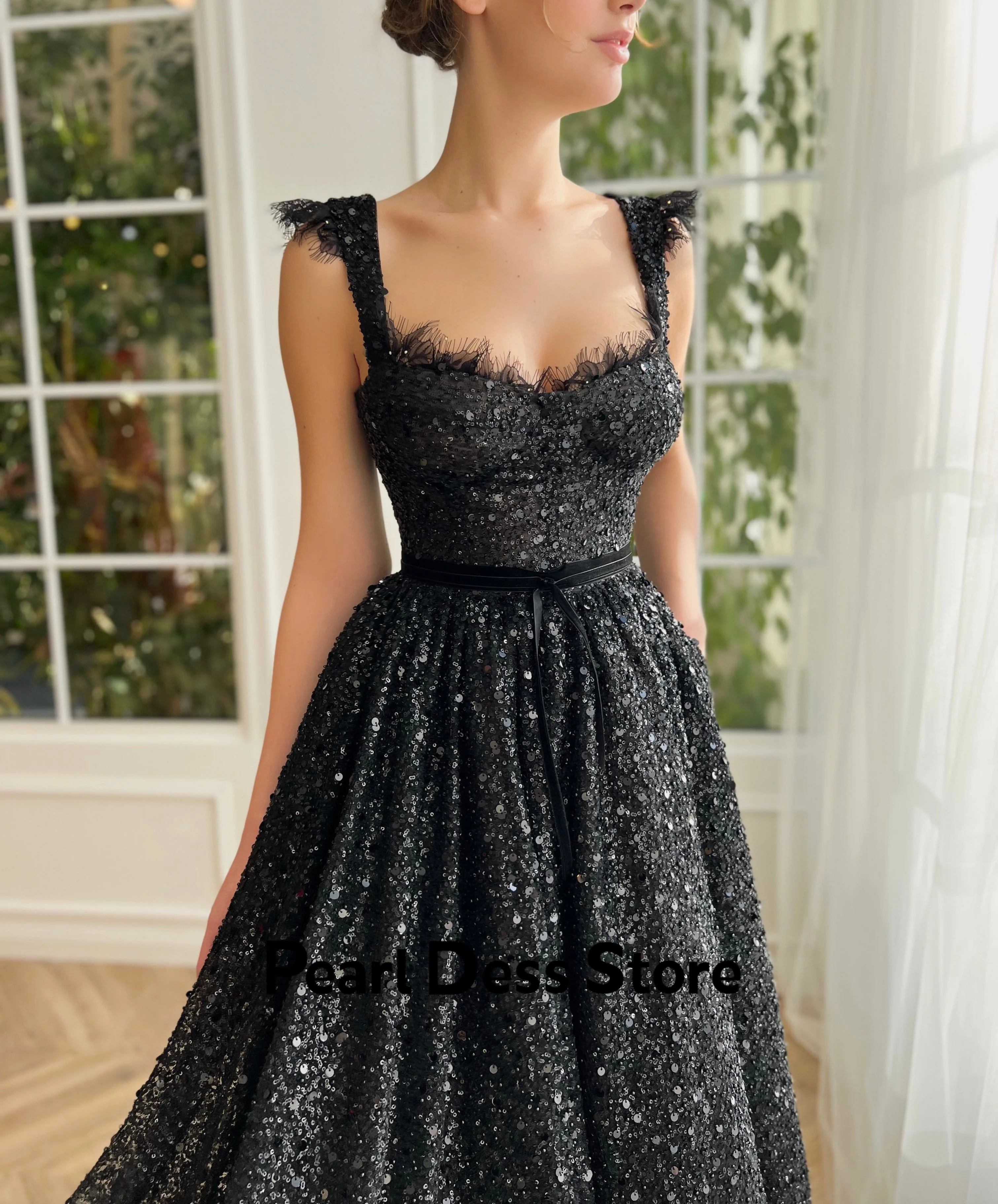 Pearl Evening Dress Dresses for Formal Occasions Black Gala Dresses Woman 2024 for Party Beaded Lace Sleeveless Square Collar