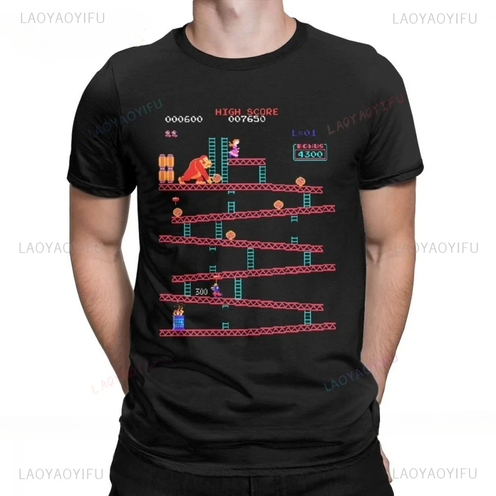 Donkey Kong T-Shirts Men Arcade Game Collage Vintage Pure Cotton Tees Crew Neck Short Sleeve Retro T Shirt Plus Size Funny Tops