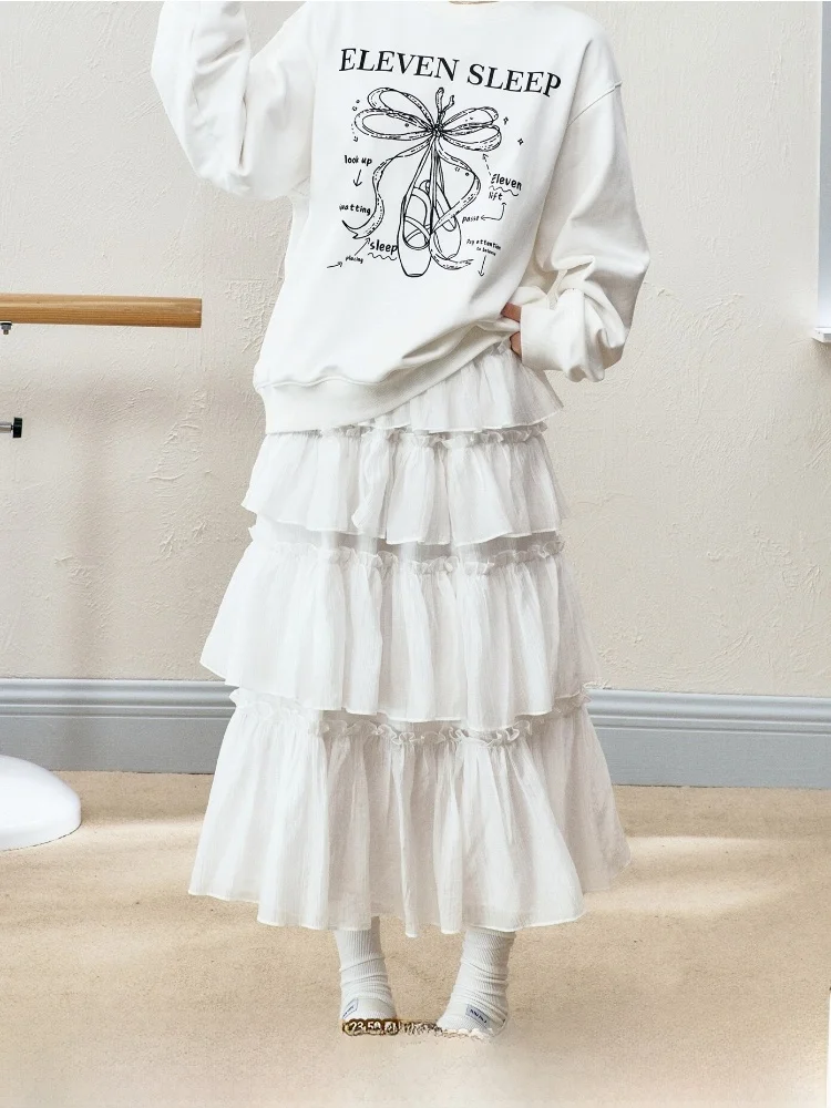 

Юбка ELEVEN SP Spring Commute A-Line белая длинная женская миди-юбка, комфортная, мягкая, в корейском стиле, многослойная, в виде тортовки