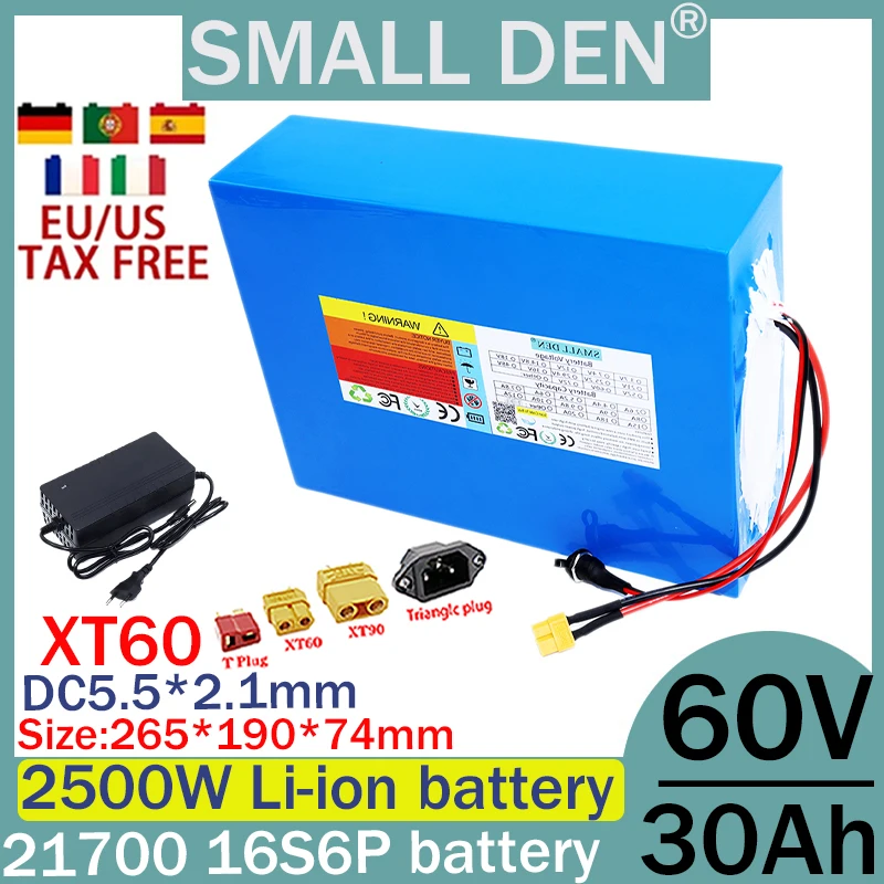 Batteria al litio ricaricabile 60V 30Ah 21700 16S6P 40A BMS 100-2500W scooter per utensili elettrici ad alta potenza 67.2V + caricabatterie 2A 3A5A