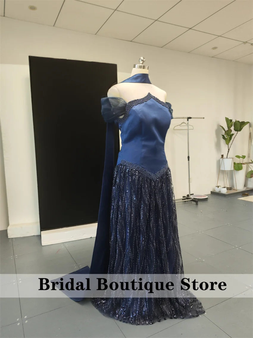 Perles élégantes Arabie Saoudite bleu marine robes de soirée perles cristaux robe de soirée de mariage فmaveraة robe de bal personnalisée