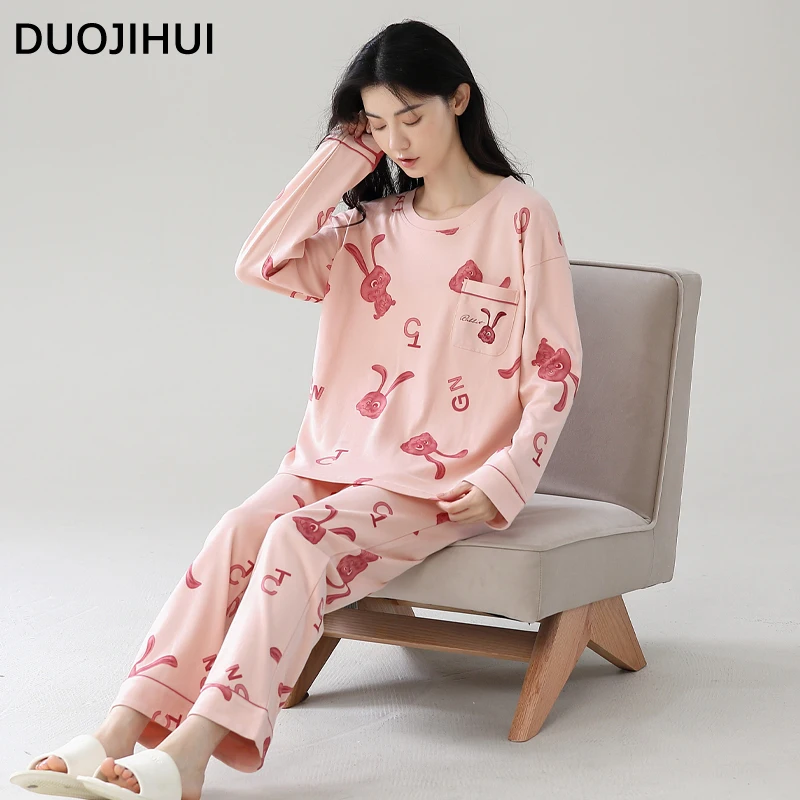 DUOJIHUI Pink Sweet Two Piece Casual Pajamas for Women Chic with Chest Pad Cardigan Basic Loose Pant Fashion Female Pajamas Set