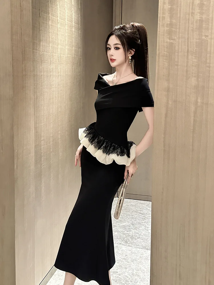 A-Leibniz Damenkleid, schwarzes Kleid, Arbeitskleid, formelles Party-Abendkleid, Hochzeitsbankettkleid 45099