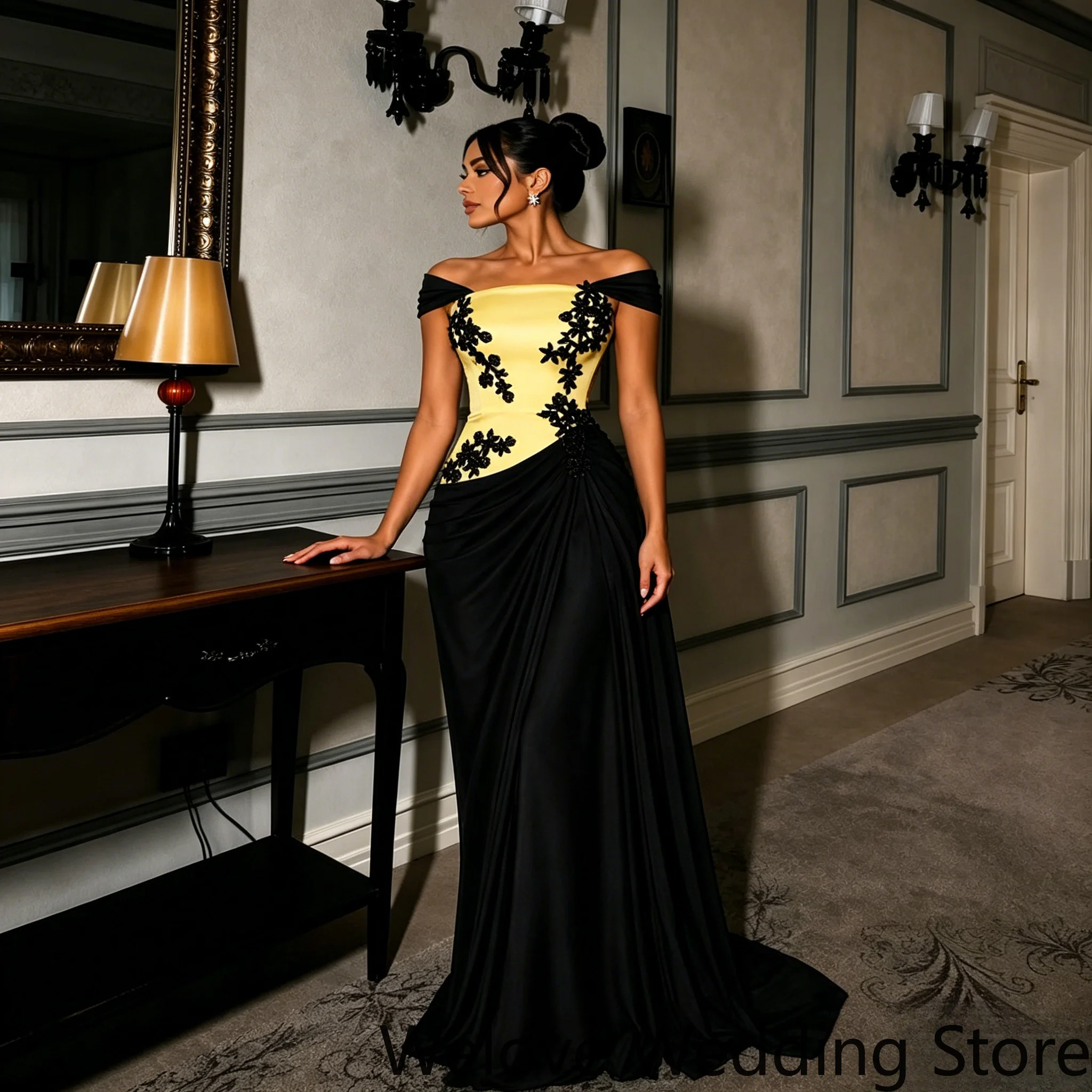 Elegant Yellow and Black Formal Evening Gown featuring an off-shoulder neckline, a structured yellow bodice adorned appliqués