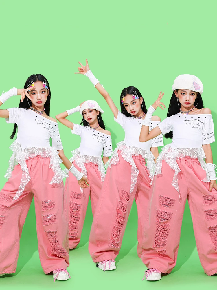 สาวแจ๊ส Hip Hop Dance เครื่องแต่งกายเสื้อลูกไม้สีขาวกางเกงสีชมพู Street Dance ชุดแขนสั้นประสิทธิภาพเสื้อผ้าชุด BL16720
