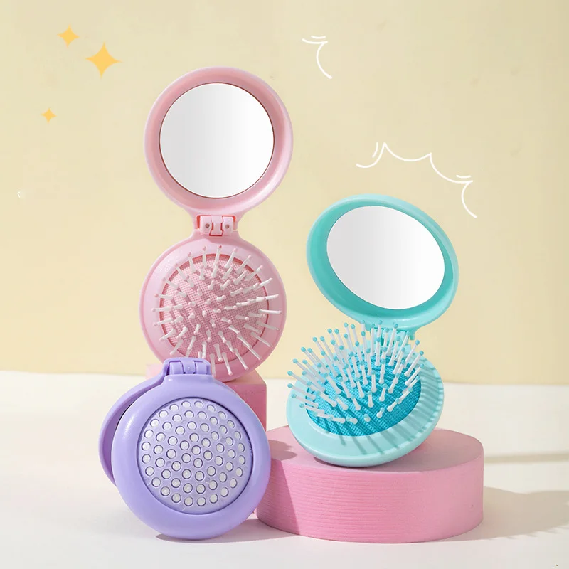 1 Stück tragbare, zusammenklappbare Haarbürste mit integriertem Spiegel, Kopfhautmassagekamm, ideal für Reisen und als Haaraccessoire. – Detail 2