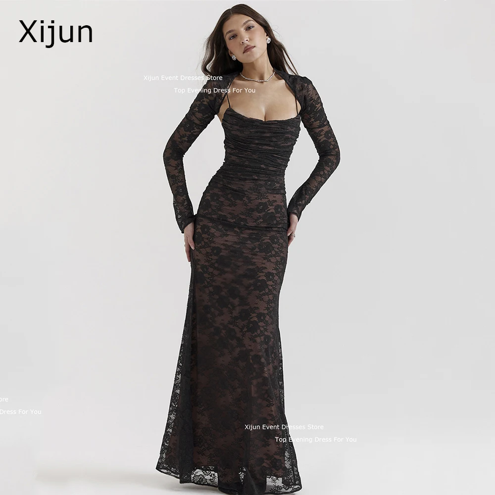 Xijun Black Sexy Long Evening Dresses Mermaid Lace Flowers Two Pieces Prom Dresses Full Sleeves Corset Prom Gowns For Women 2024