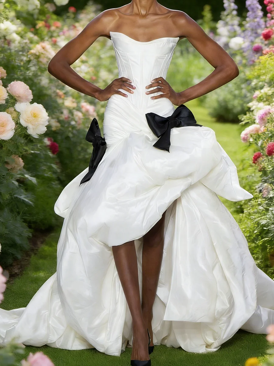 

Elegant Strapless Corset Ruched Bow Sleeveless Asymmetrical Bride Wedding Dresses Bridal Gowns Customized
