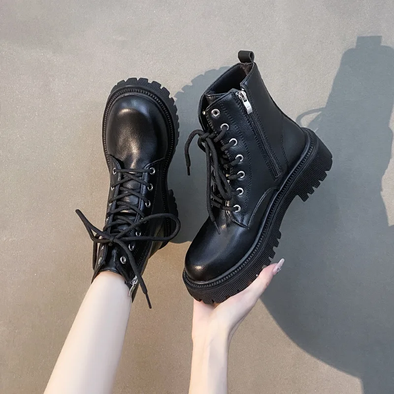 British Style Women Ankle Boots Solid Color Lace Up Side Zipper Short Plush Winter Boots Fashion Thick-soled Motorcycle Boots