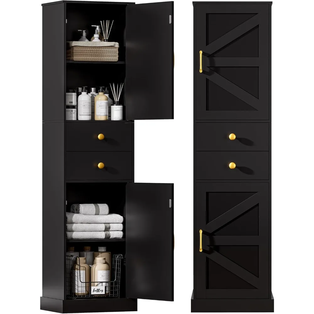 

Высокий шкаф для хранения в ванной комнате с 2 ящиками, узкий блок для хранения в фермерском доме с 2 дверцами и регулируемыми полками, кабина высотой 67 дюймов