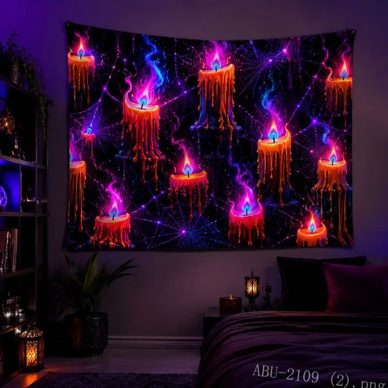 VIKAMA Fluorescent Candle Flower Tapestry Fantasy Witchcraft Wind Wall Hanging Bedroom Dormitory Esports Room Decoration