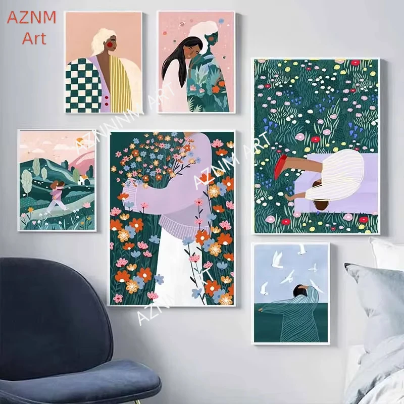 Abstract Colourful Vibrant Woman Minimal Portrait Flower Poster Prints Canvas Painting Female Wall Art Picture Home Room Decor