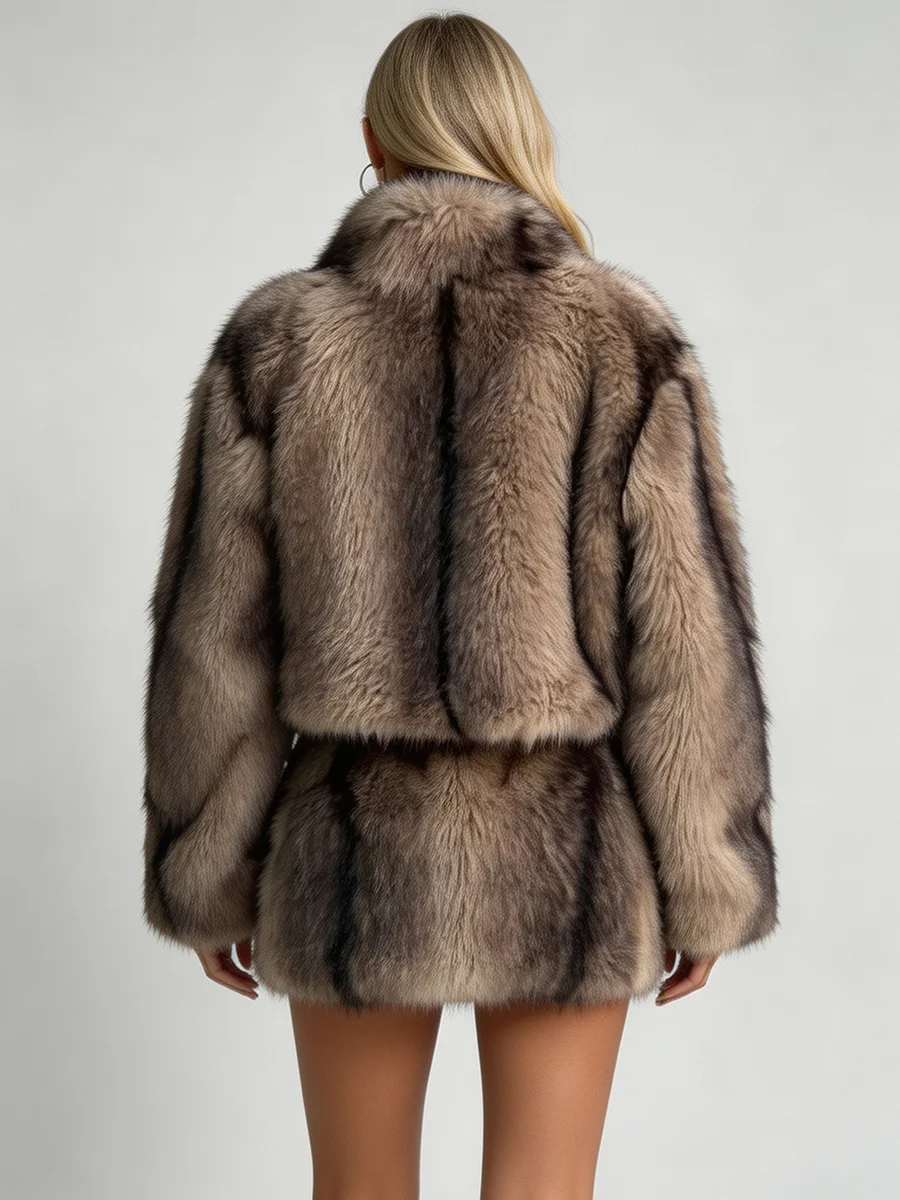 LIMO Women 2 Piece Faux Fur Outfit Stand Collar Long Sleeve Cropped Fur Jacket Matching Midi Skirt
