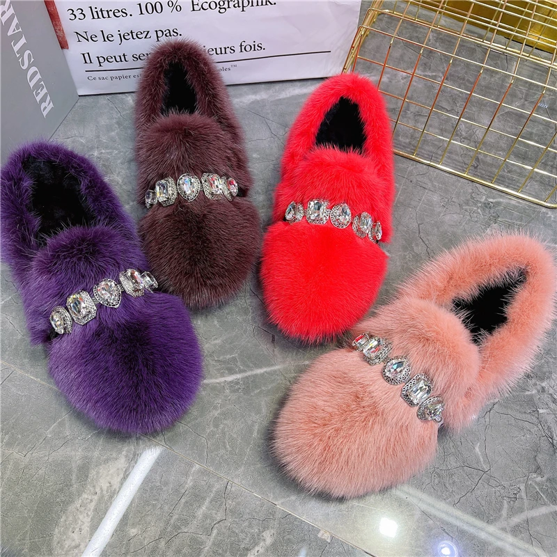 Yellow Women Flats Comfortable Moccasins Ladies Winter Warm Fur Loafers Crystal Decor Mink Fur Espadrilles Smoking Driving Shoes