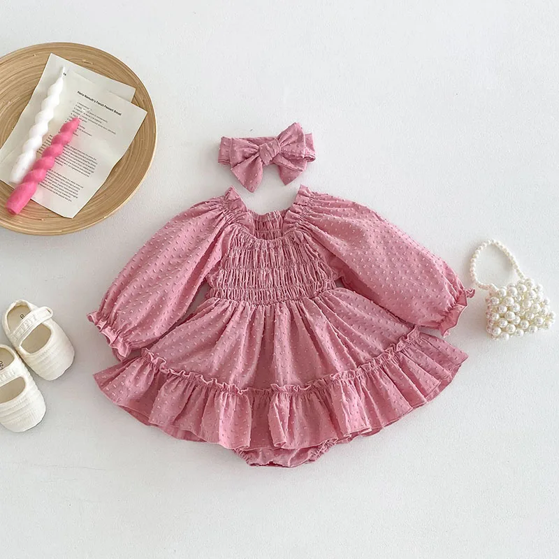 New 2024 Autumn Baby Bodysuit with Headband Sweet Princess Dress Infant Girls Solid Ruffled Square Collar One Piece Clothing