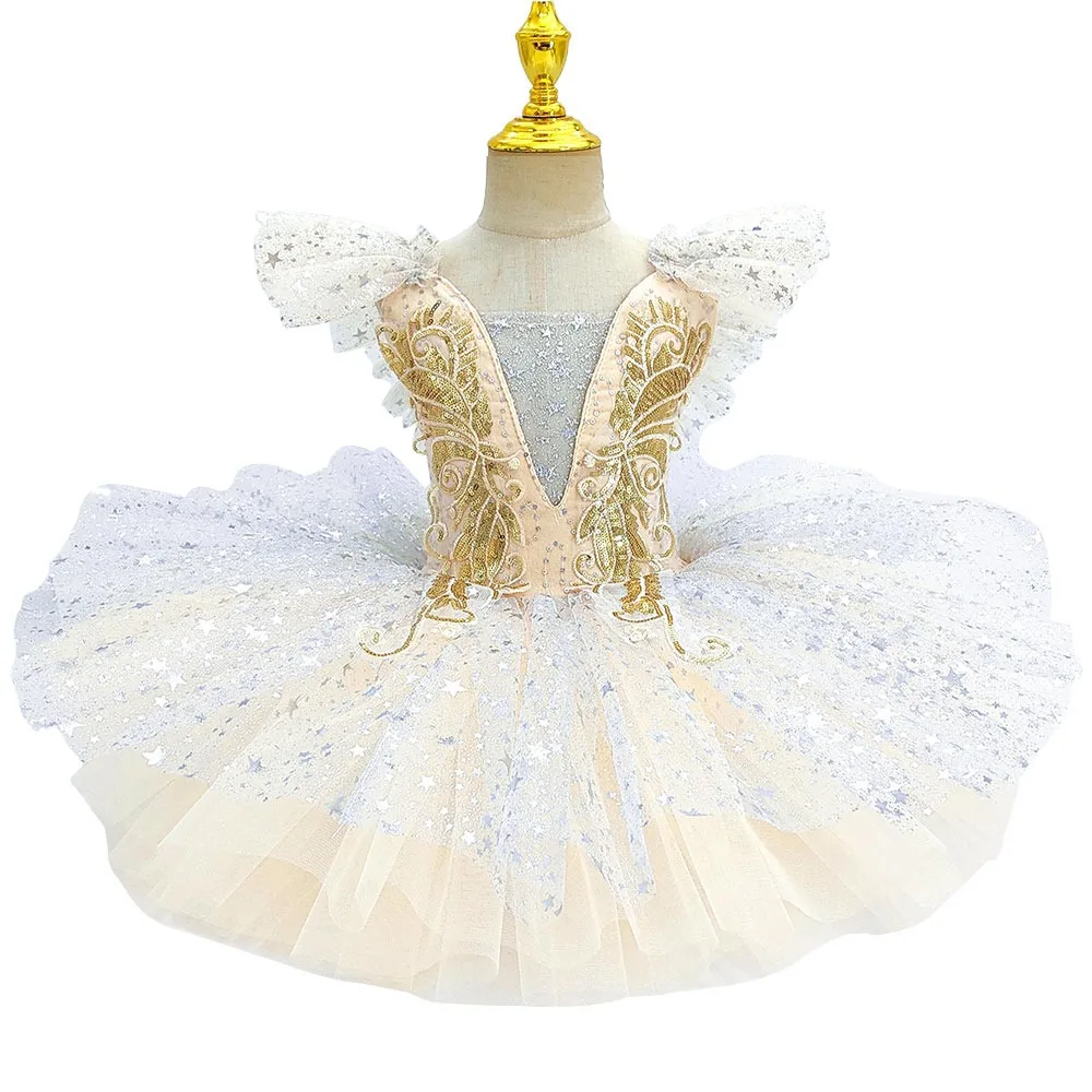 

Модное балетное платье с пайетками, современная белая одежда для выступлений, праздничное платье, балетная юбка-пачка цвета шампань для девочек