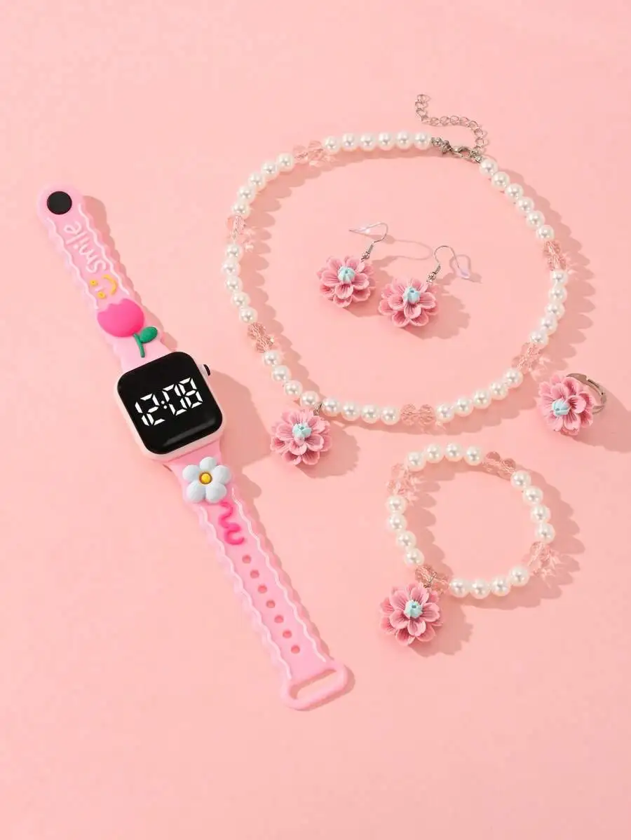 

6-Piece Girl's Watch: Elegant And Classic Square LED Heart-Shaped Digital Display Children's Watch With Flower Pattern