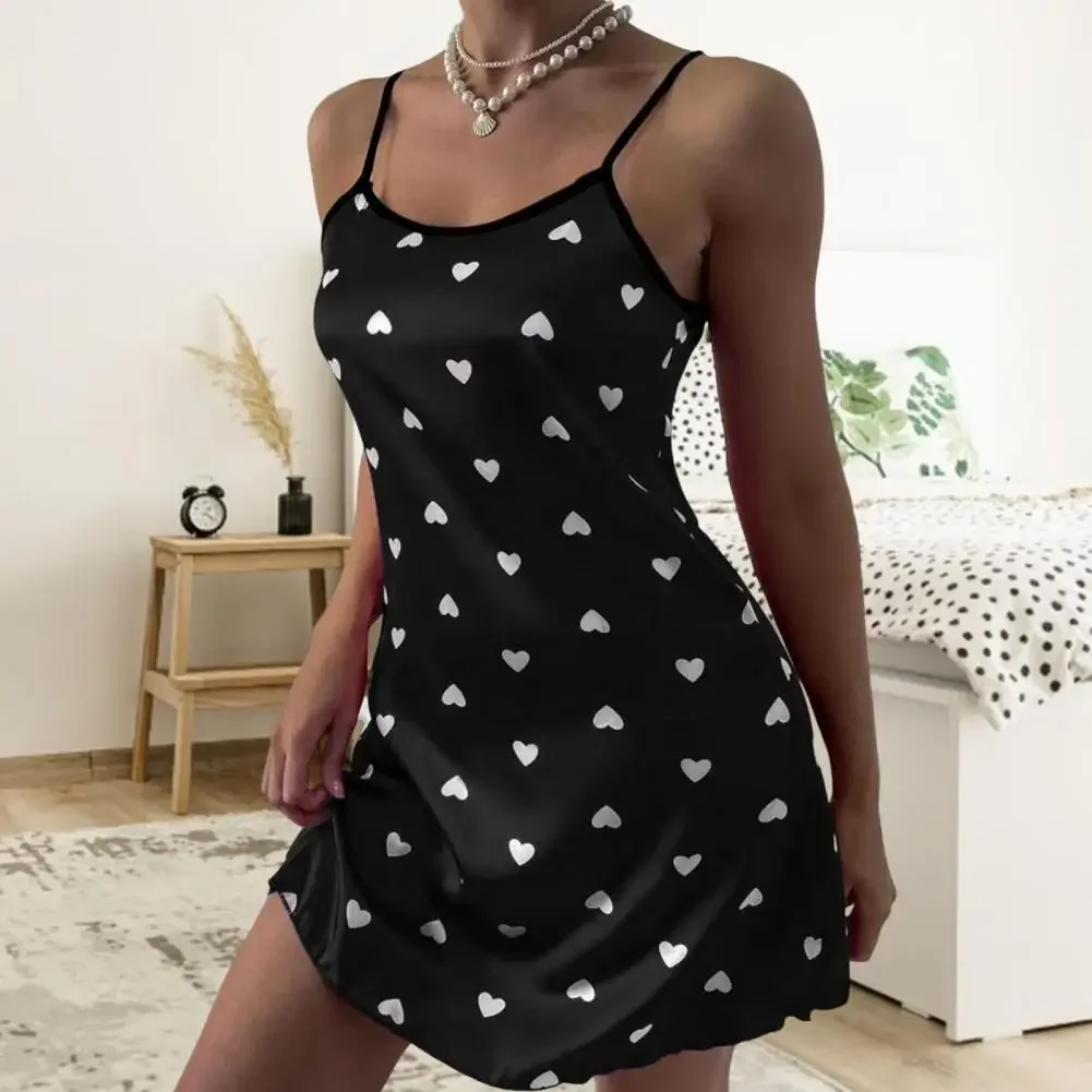 Sexy Women Nightdress Heart Print Pullover Comfortable Satin Smooth Surface Women Nightwear Sleeping Sleepwear image 4