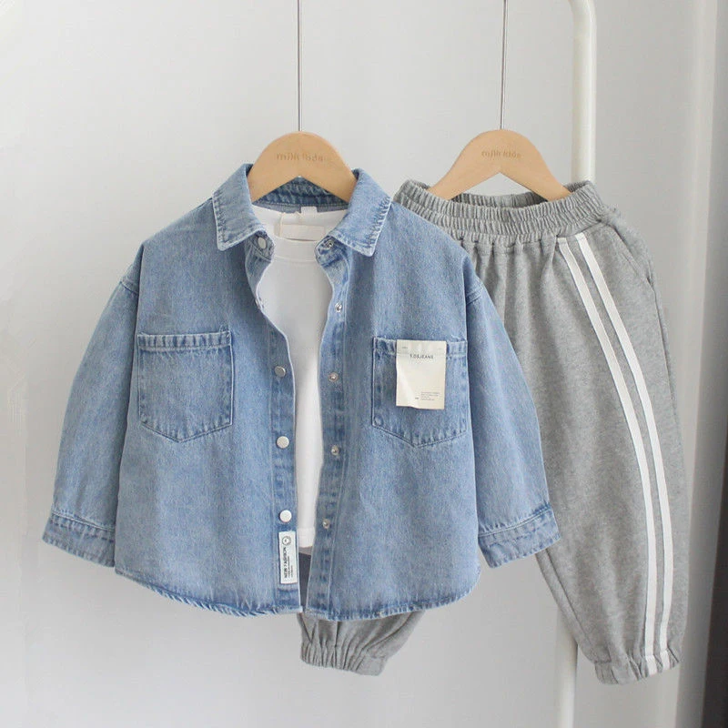 Fashion Boys Blue Denim Shirts Long Sleeved Turn Down Collar Loose Casual Shirt Spring Autumn Children Jean Tops