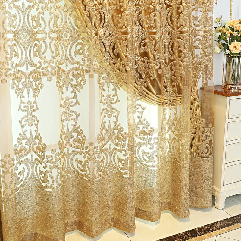 Atmospheric European-style sheer shading curtains with golden valance for living room, balcony and villa