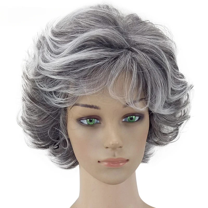 

Women Wig 2 Tones Grey White Ombre Synthetic Short Layered Curly Hair Puffy Bangs Heat Resistant Fiber