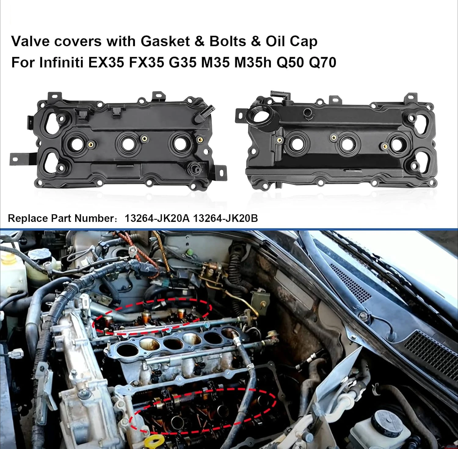 13264-Jk20A 13264-Jk20B أغطية صمامات المحرك مع Gaskte والمسامير المتوافقة مع 2008-2018 Nissan 350Z Infiniti M35H FX35 3.5L