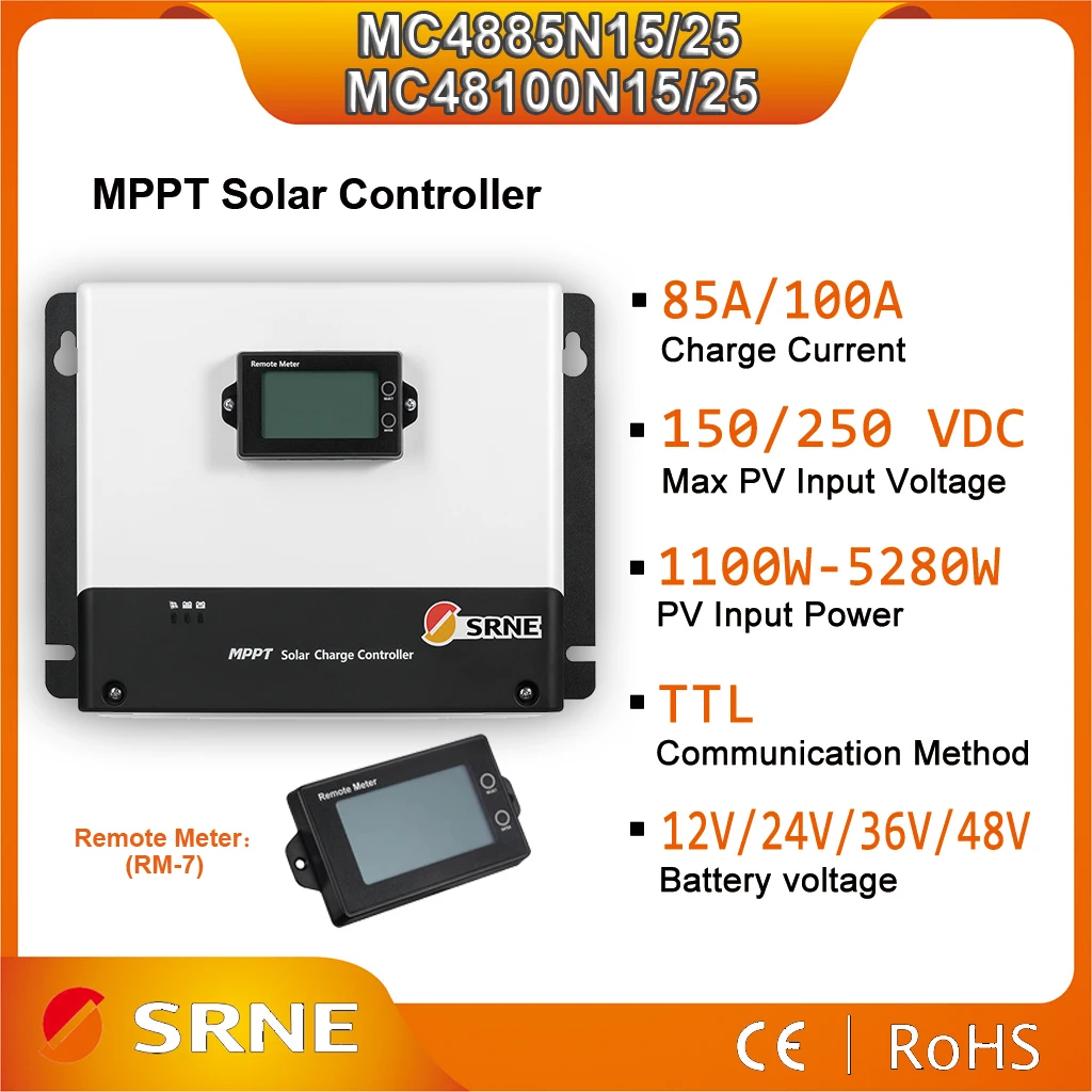 srne 85a 100a mppt carregador de bateria solar controlador 12v 24v 36v 48v automatico com tela de exibicao tensao de entrada maxima 150v250v 01