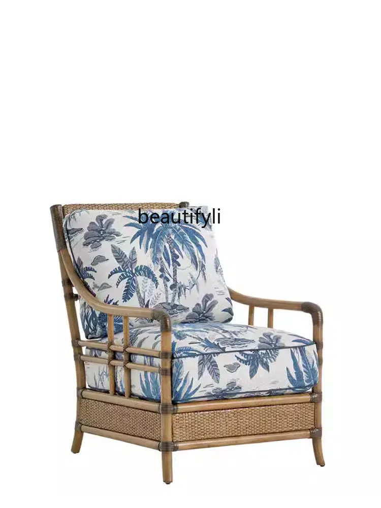 Southeast Asia American Solid Wood Bamboo Artwork Rattan Single Sofa Pedal Household Light Color Flower Cloth Couch