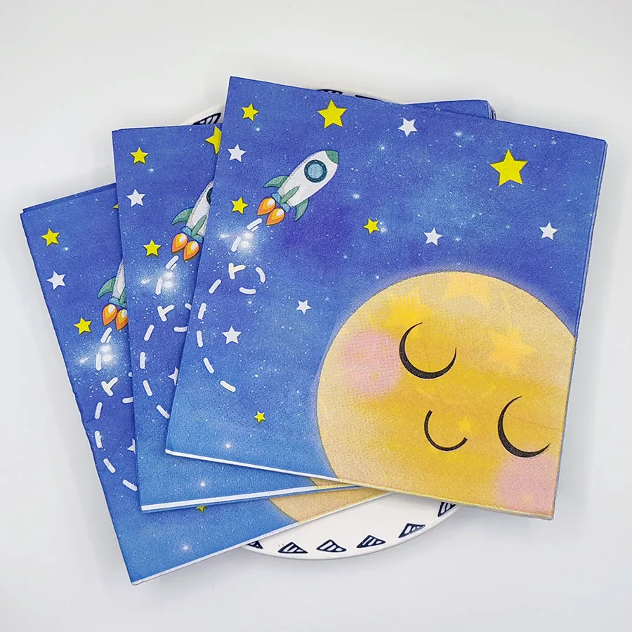 10/20pcs Cosmic Blue Paper Napkins Double Sided w/ Smiling Planets & Rocket Flames | Disposable Table Decor for Galaxy Party