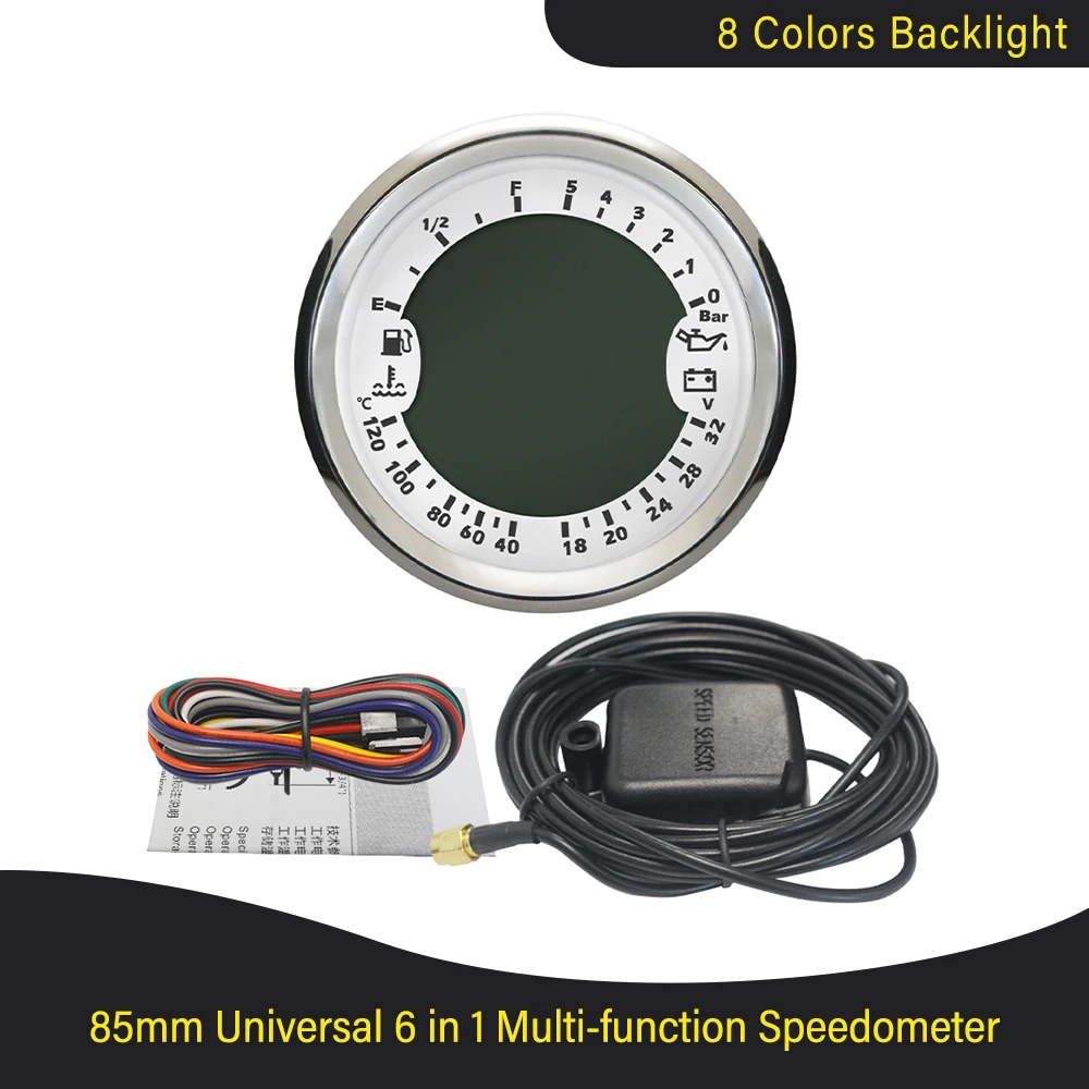 85mm 6-in-1 Multifunction GPS Speedometer Tachometer Gauge For Car, Boat, Motorcycle, Truck – Black With Chrome Trim