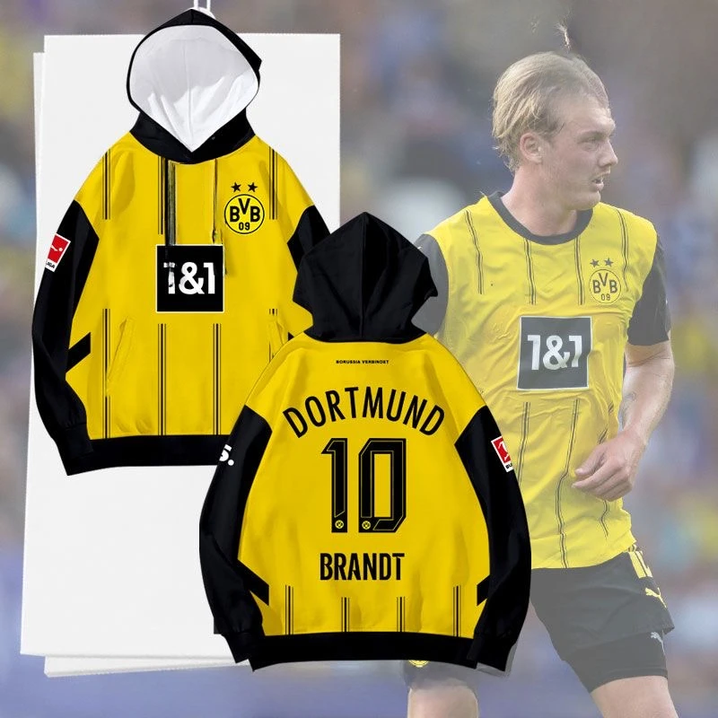 Dortmund-Team-Uniform der Saison 24–25, Fußballkleidung, voll bedruckt, Rundhalsausschnitt, Kapuzenpullover, Kapuzenpullover, Set für Männer und Frauen, Fans tragen lange Ärmel