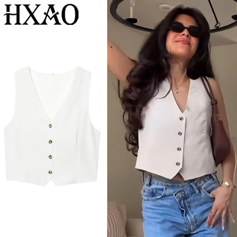 

HXAO Vest Top Female Jacket Cropped Sleeveless Vests Outerwears Waistcoat Button Formal Summer White Top Cut Out Suit Vest