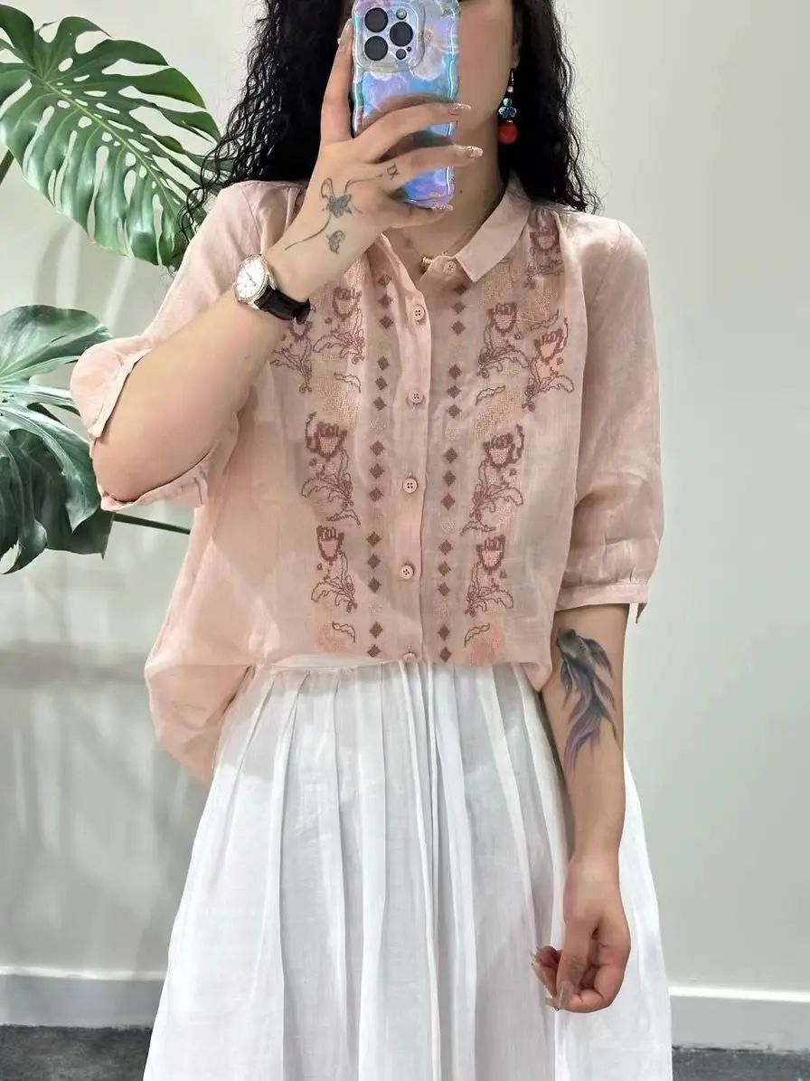 Camisa de Linho Bordada Retro, Ajuste Solto, Colarinho, Moda Feminina, Novo Top de Verão de Alta Qualidade em Algodão